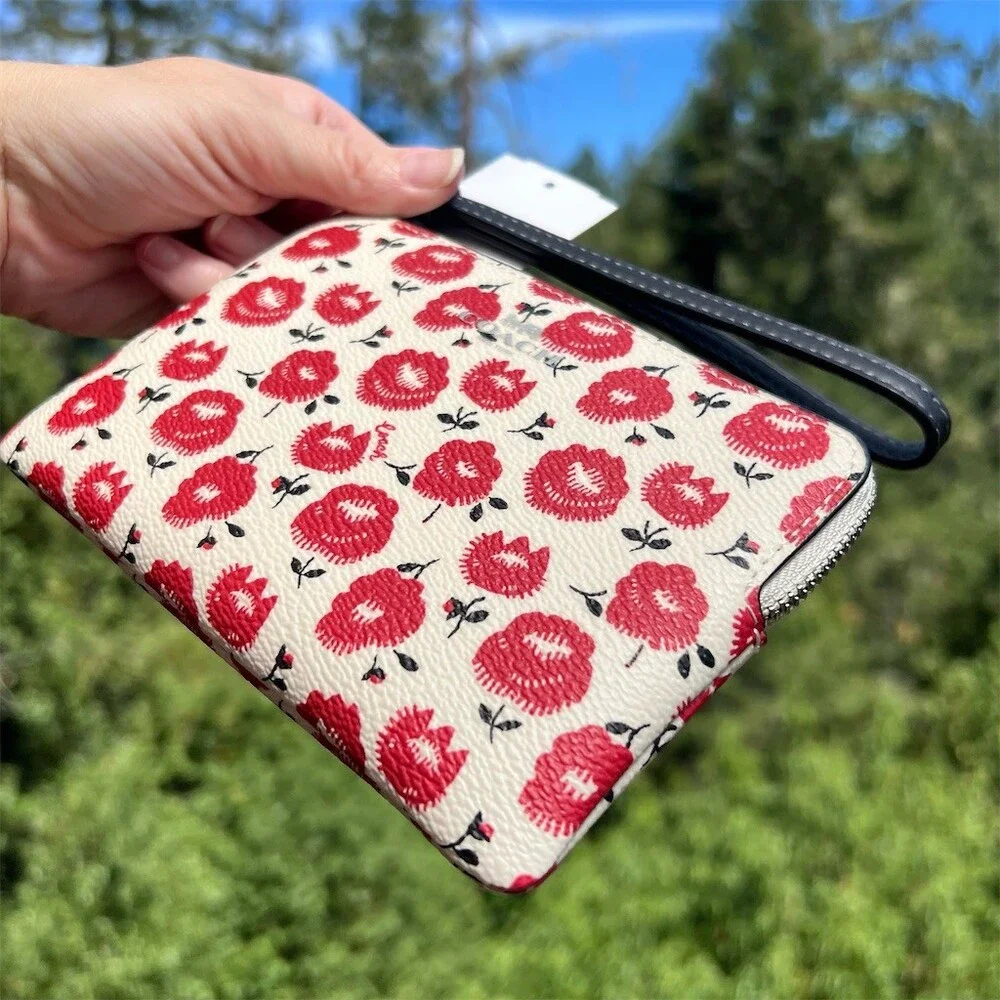 COACH Signature Canvas Rose Print Wristlet Wallet Clutch Silver Hardware NWT